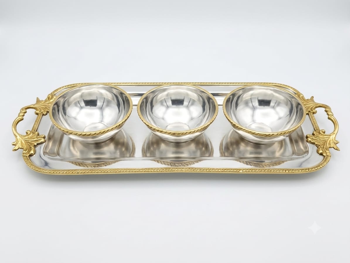 Premium Metal Silver Tray with 3 Bowl Set