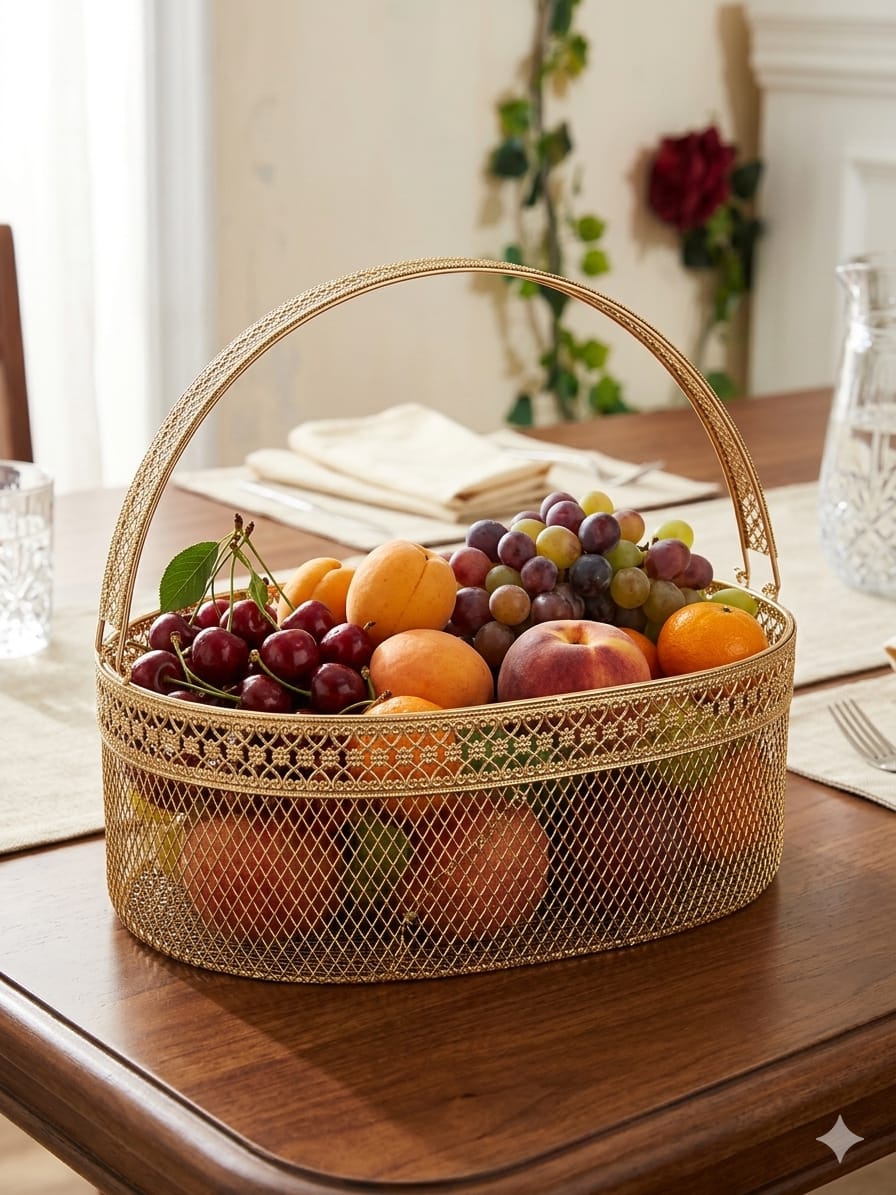 iron Fruit Basket With handle Gold Finish
