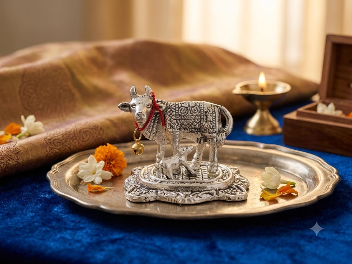 Kamdhenu Cow with Calf Idol Silver finish metal Statue